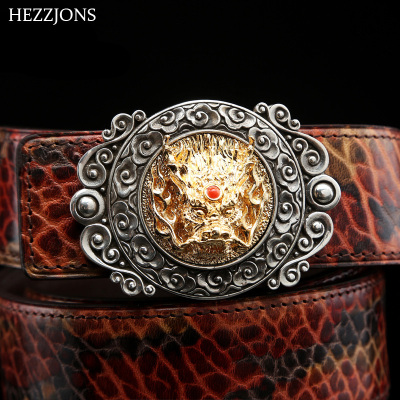 赫泽琼斯HEZZJONES纯银龙头扣皮带发型师哈雷机车青年个性真牛皮擦色潮男夜店腰带进口原色牛皮