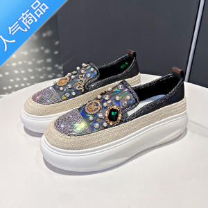 SUNTEK厚底懒人乐福鞋女2023夏季新款网纱透气一脚蹬单鞋水钻珍珠渔夫鞋