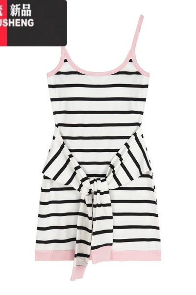 YIBUSHENG假两件绑带条纹修身吊带连衣裙女季辣妹小众撞色收腰包臀短裙子