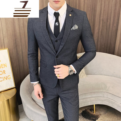 NEWLAKE条纹西服套装男三件套商务休闲西装男士套装新郎结婚礼服绅士正装