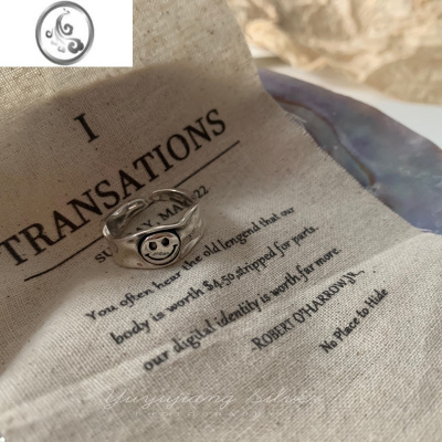 JiMi韩国ins时髦复古s925银银皱褶笑脸戒指麻花字母宽指环时尚个性女