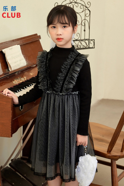 [1件3折]铅笔俱乐部童装秋装新款女童连衣裙中大童假两件网纱拼接裙子