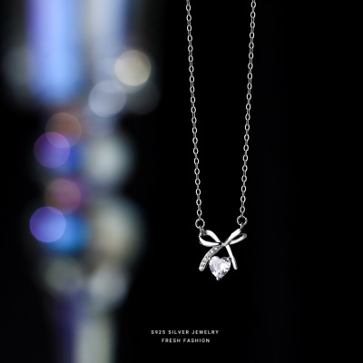 s925纯银扭结蝴蝶结镶钻爱心项链女韩版甜美ins 小清新锁骨链代发送女朋友老婆情人节七夕生日礼物