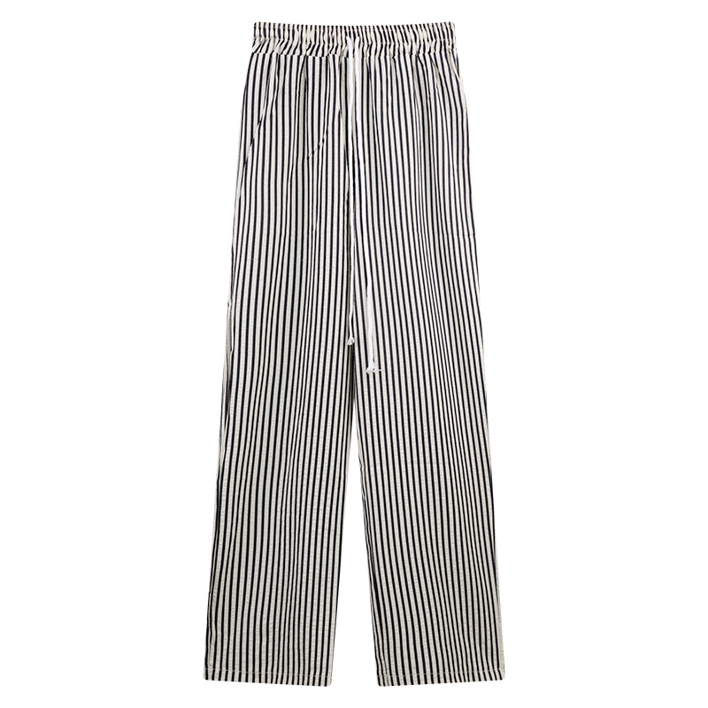 YIBUSHENG黑白条纹阔腿裤女季高腰休闲裤宽松慵懒松弛感直筒阔腿裤长裤子