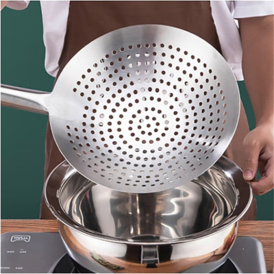 屋田不锈钢漏勺厨师油鼓漏网抄瓢圆孔漏勺漏瓢酒店商用厨师大漏勺22cm
