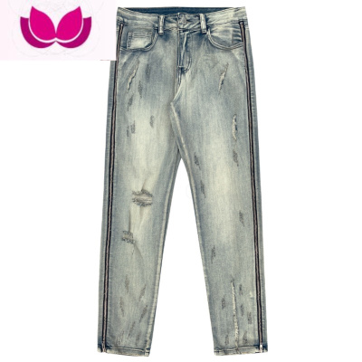 七斓复古破洞牛仔裤男夏季做旧美式拉链高街ins潮直筒阔腿长裤子宽松