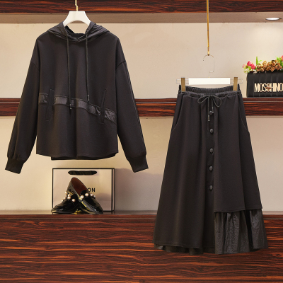 语娄大码秋冬装胖MM减龄连衣裙显瘦连帽卫衣半身裙休闲运动两件套装女2021大码女装