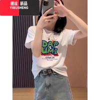 YIBUSHENG正肩短袖T恤女士2024年季新款时尚字母印花圆领白色上衣潮