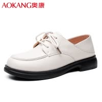 奥康女士单鞋日常休闲皮鞋女牛皮透气粗跟学院风低帮系带乐福鞋
