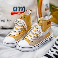 秋季新款高帮男鞋个性拼色上新布鞋水洗色草编织休闲运动男鞋