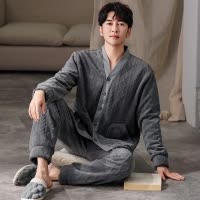 珊瑚绒睡衣男士秋冬季加厚加绒开衫V领纯色休闲保暖法兰绒家居服