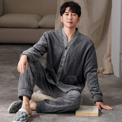 珊瑚绒睡衣男士秋冬季加厚加绒开衫V领纯色休闲保暖法兰绒家居服