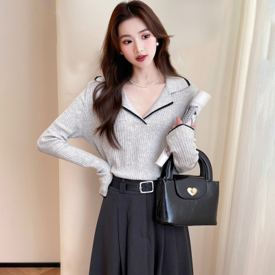 [清仓1折价42.9元,不叠加优惠券]唐狮初秋新款针织衫女翻领修身打底套头灰色毛衣内搭上衣qd