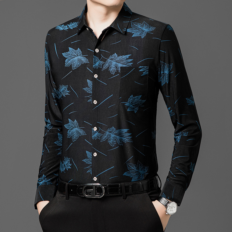 秋季新款男士花衬衫长袖宽松衬衣中老年新款爸爸装