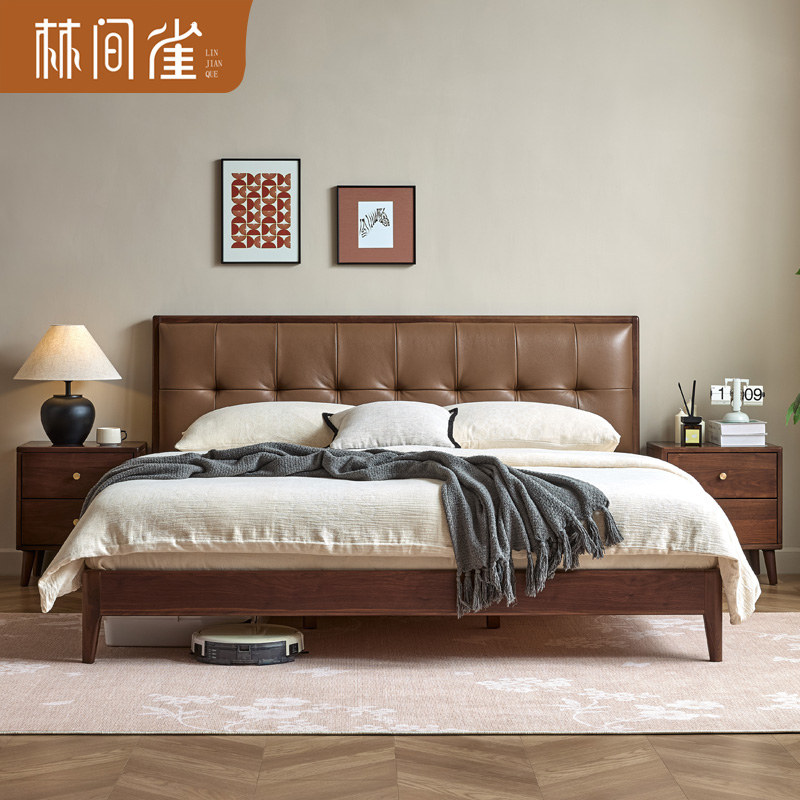 林间雀 现代北美黑胡桃1.5m*2m实木床真皮软靠卧室1.8m*2m双人床主卧家具 JM38#4232