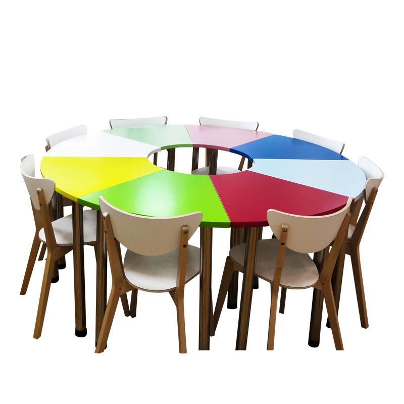 伍贰伍WEW-TTZ-8心理彩色团体活动桌椅8人位白色实木椅活动室自由拼接组合弧形桌