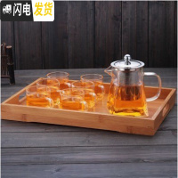 三维工匠加厚可高温玻璃泡茶壶茶杯套装家用过滤分茶器冲煮茶功夫茶具 600天圆地方壶+6直把杯+小竹盘