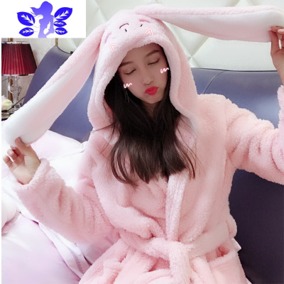 Ideamini珊瑚绒睡衣女冬季甜美可爱卡通睡袍厚毛茸茸保暖大兔耳朵连帽浴袍