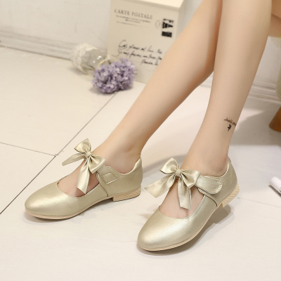 迈凯恩品牌童鞋儿童小皮鞋秋季女童公主鞋韩国蝴蝶结单鞋金色中大童软底学生