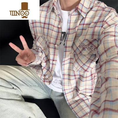 YANXU格子长袖衬衫男款日系复古潮牌刺绣宽松休闲百搭工装衬衣外套