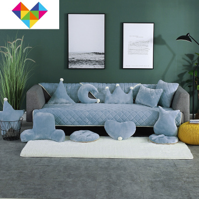 毛绒沙发垫家用冬防滑四季通用坐垫套罩三人座全盖扶手巾现代简约水晶绒-蓝色90cm*240cm适合垫子-御蓝锦