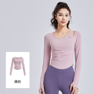 春秋款斜肩瑜伽服镂空抽褶修身普拉提运动健身瑜伽上衣女