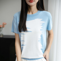 夏季新款圆领针织衫短袖T恤女提花拼色套头宽松打底衫上衣