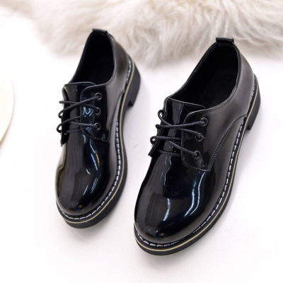 单鞋女2018中性黑色平底小皮鞋低跟系带女鞋