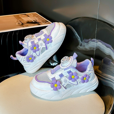 单网夏季女生运动鞋旋转纽扣镂空网女童校园跑步鞋