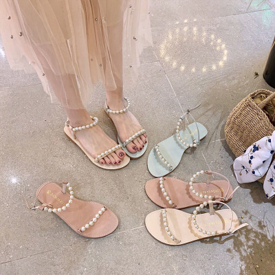 Ideamini珍珠凉鞋2021年新款女夏法式平底鞋仙女风沙滩鞋一字带露趾罗马鞋