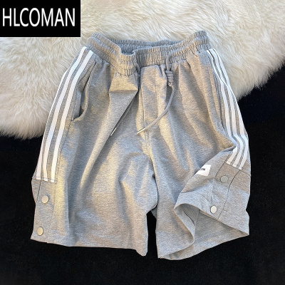 HLCOMAN排扣裤子男潮流百搭帅气直筒宽松休闲短裤男夏季潮牌运动五分中裤