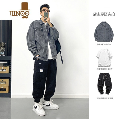 YANXU美式工装牛仔外套男潮流宽松复古夹克上衣痞帅潮牌套装