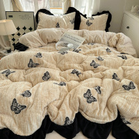 法式少女ins赫本风黑色蝴蝶牛奶绒四件套冬季珊瑚绒三件套床笠1.8