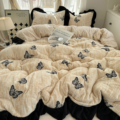 法式少女ins赫本风黑色蝴蝶牛奶绒四件套冬季珊瑚绒三件套床笠1.8