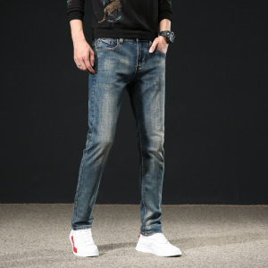 直销男士弹力牛仔裤男复古做旧男式合体小直脚休闲长裤