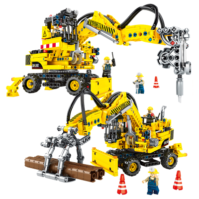 汇奇宝儿童拼装益智玩具城市园林工程车系列机械齿轮积木兼容乐高塑料6-14岁双变机械打桩两用工程车715颗粒-