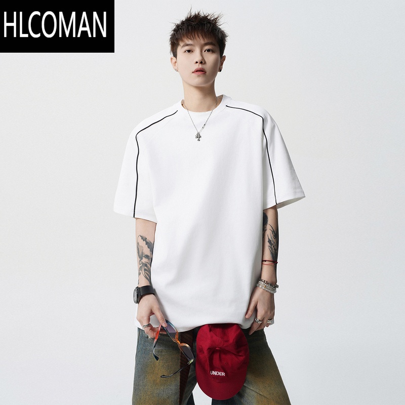 HLCOMAN条纹拼接白色T恤男夏季美式复古宽松插肩袖体恤潮牌百搭短袖上衣