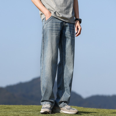 高街天丝牛仔裤轻薄百搭直筒美式宽松复古蓝经典蓝高端潮男牛仔裤