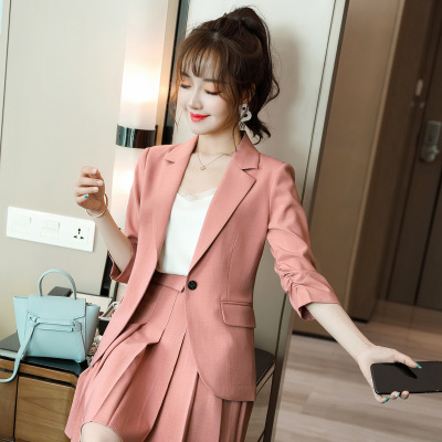 女先生职业女裙套装网红西装外套女2021新款蓝色百褶裙高级感炸街小个子职业套装薄款七分袖气质西服百褶裙两件套礼服