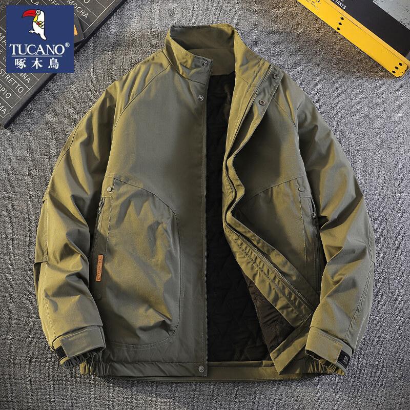 啄木鸟潮流男士2024新款立领保暖纯色潮流宽松休闲工装外套棉衣男