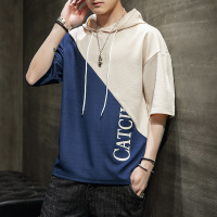 男士短袖T恤夏季新款韩版宽松休闲连帽衫潮拼接半袖打底衫