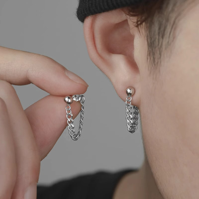 流苏几何链条耳钉925银针简约小众后挂式复古街头男冷淡风潮耳饰送女朋友老婆情人节七夕生日礼物