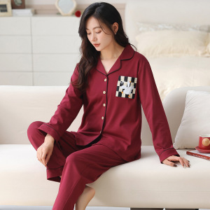 睡衣女秋冬季棉质结婚红色开衫翻领长袖宽松加大码新婚家居服套装