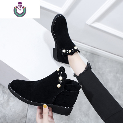 FISHBASKET马丁靴女英伦风短靴珍珠铆钉磨砂粗跟平底切尔西单靴韩版女鞋靴子