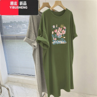 YIBUSHENG胖mm300斤季韩版宽松休闲短袖T恤裙潮特大码减龄中长款连衣裙女