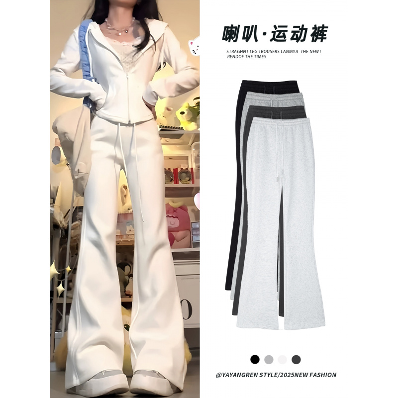 白灰色微喇运动裤女秋季新款高腰显瘦休闲小个子美式喇叭卫裤
