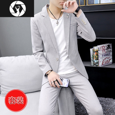 HongZun男士小西服秋冬季潮流休闲一套衣服韩版加绒加厚修身西装套装一身其他套装