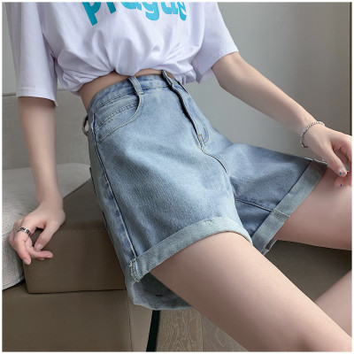 [1折价29.9元,叠加优惠券]夏季牛仔短裤女中牛仔蓝基础卷边牛仔短裤A字型宽松直筒短裤女