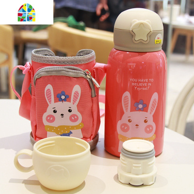 封后316可爱儿童保温杯带吸管两用宝宝喝水杯子幼儿园小学生便携水壶 FENG 升级款[黄色小猫600ml]双盖+杯套+送