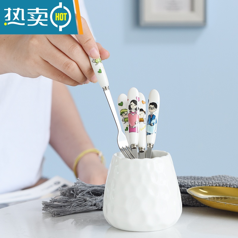 敬平304不锈钢水果叉收纳罐套装家用轻奢可爱儿童安全吃水果的小叉子 410钢一家人5支+白色叉罐牙签